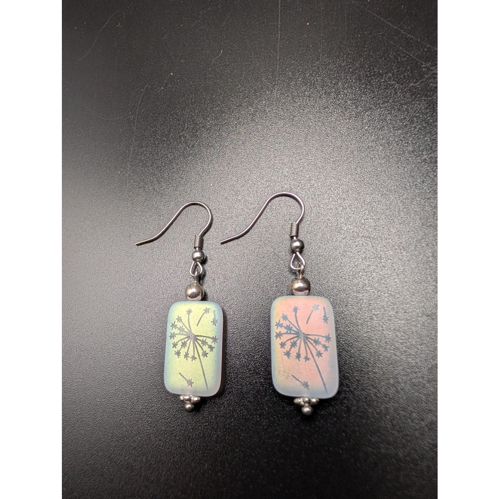 Iridescent Czech Glass Dandelion Earrings: Stainless Steel Hooks Cottagecore - Picture 3 of 5